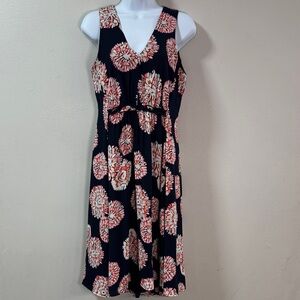 Ann Taylor Navy & Pink floral v neck Dress w Zip up #6188